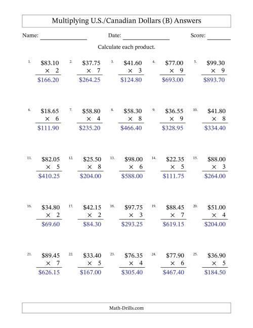 The Mulitplying U.S./Canadian Dollars (0.05 to 99.95) in Increments of Five Cents by One-Digit Multipliers (B) Math Worksheet Page 2