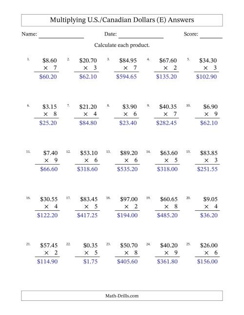 The Mulitplying U.S./Canadian Dollars (0.05 to 99.95) in Increments of Five Cents by One-Digit Multipliers (E) Math Worksheet Page 2