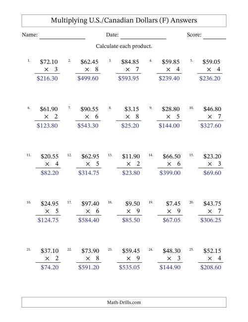 The Mulitplying U.S./Canadian Dollars (0.05 to 99.95) in Increments of Five Cents by One-Digit Multipliers (F) Math Worksheet Page 2