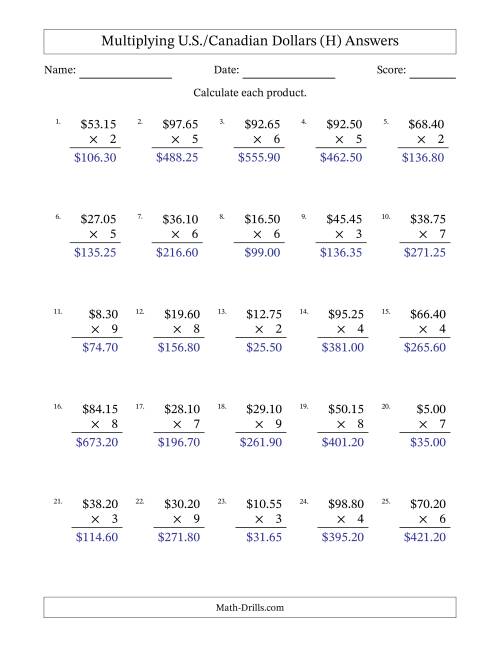 The Mulitplying U.S./Canadian Dollars (0.05 to 99.95) in Increments of Five Cents by One-Digit Multipliers (H) Math Worksheet Page 2