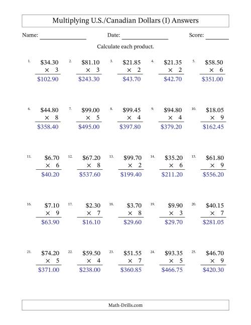 The Mulitplying U.S./Canadian Dollars (0.05 to 99.95) in Increments of Five Cents by One-Digit Multipliers (I) Math Worksheet Page 2