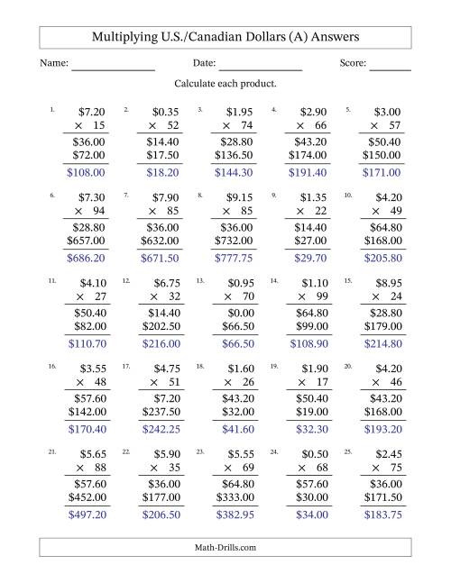 The Mulitplying U.S./Canadian Dollars (0.05 to 9.95) in Increments of Five Cents by Two-Digit Multipliers (A) Math Worksheet Page 2