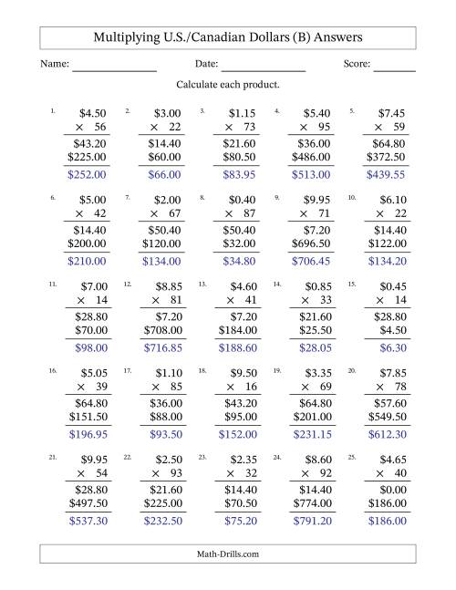 The Mulitplying U.S./Canadian Dollars (0.05 to 9.95) in Increments of Five Cents by Two-Digit Multipliers (B) Math Worksheet Page 2