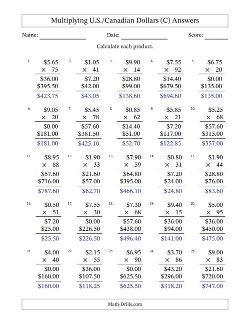 The Mulitplying U.S./Canadian Dollars (0.05 to 9.95) in Increments of Five Cents by Two-Digit Multipliers (C) Math Worksheet Page 2