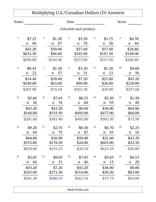 The Mulitplying U.S./Canadian Dollars (0.05 to 9.95) in Increments of Five Cents by Two-Digit Multipliers (D) Math Worksheet Page 2