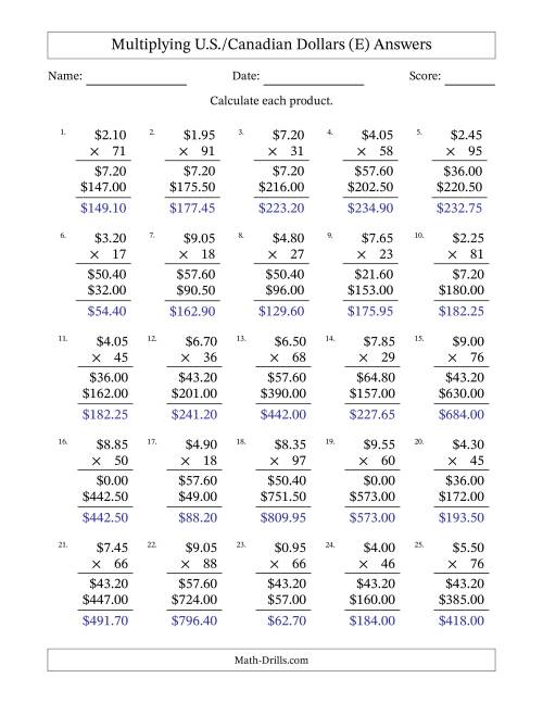 The Mulitplying U.S./Canadian Dollars (0.05 to 9.95) in Increments of Five Cents by Two-Digit Multipliers (E) Math Worksheet Page 2