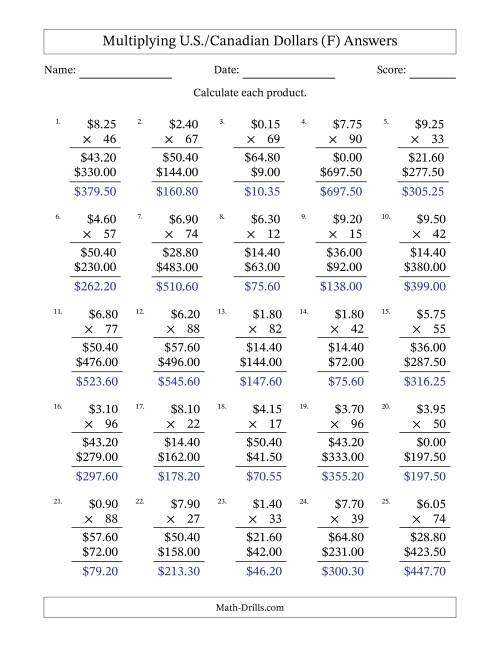 The Mulitplying U.S./Canadian Dollars (0.05 to 9.95) in Increments of Five Cents by Two-Digit Multipliers (F) Math Worksheet Page 2