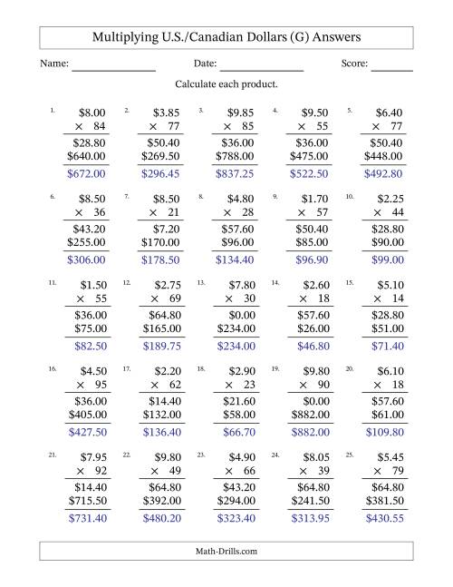 The Mulitplying U.S./Canadian Dollars (0.05 to 9.95) in Increments of Five Cents by Two-Digit Multipliers (G) Math Worksheet Page 2