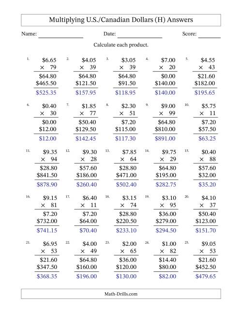 The Mulitplying U.S./Canadian Dollars (0.05 to 9.95) in Increments of Five Cents by Two-Digit Multipliers (H) Math Worksheet Page 2