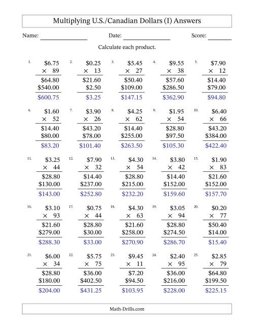 The Mulitplying U.S./Canadian Dollars (0.05 to 9.95) in Increments of Five Cents by Two-Digit Multipliers (I) Math Worksheet Page 2