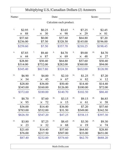 The Mulitplying U.S./Canadian Dollars (0.05 to 9.95) in Increments of Five Cents by Two-Digit Multipliers (J) Math Worksheet Page 2