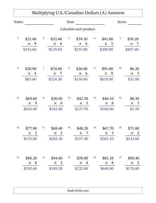 The Mulitplying U.S./Canadian Dollars (0.10 to 99.90) in Increments of Ten Cents by One-Digit Multipliers (A) Math Worksheet Page 2