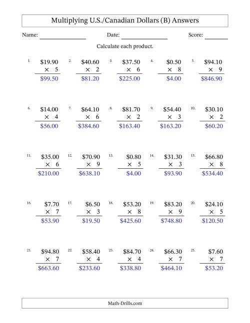 The Mulitplying U.S./Canadian Dollars (0.10 to 99.90) in Increments of Ten Cents by One-Digit Multipliers (B) Math Worksheet Page 2