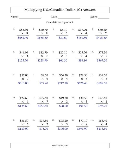 The Mulitplying U.S./Canadian Dollars (0.10 to 99.90) in Increments of Ten Cents by One-Digit Multipliers (C) Math Worksheet Page 2