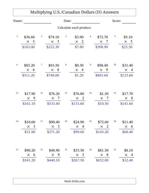 The Mulitplying U.S./Canadian Dollars (0.10 to 99.90) in Increments of Ten Cents by One-Digit Multipliers (D) Math Worksheet Page 2