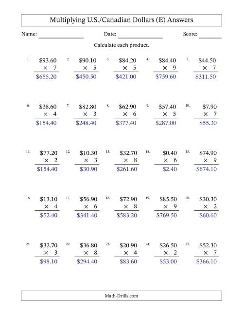 The Mulitplying U.S./Canadian Dollars (0.10 to 99.90) in Increments of Ten Cents by One-Digit Multipliers (E) Math Worksheet Page 2