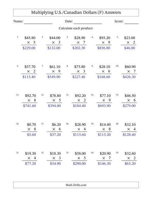 The Mulitplying U.S./Canadian Dollars (0.10 to 99.90) in Increments of Ten Cents by One-Digit Multipliers (F) Math Worksheet Page 2