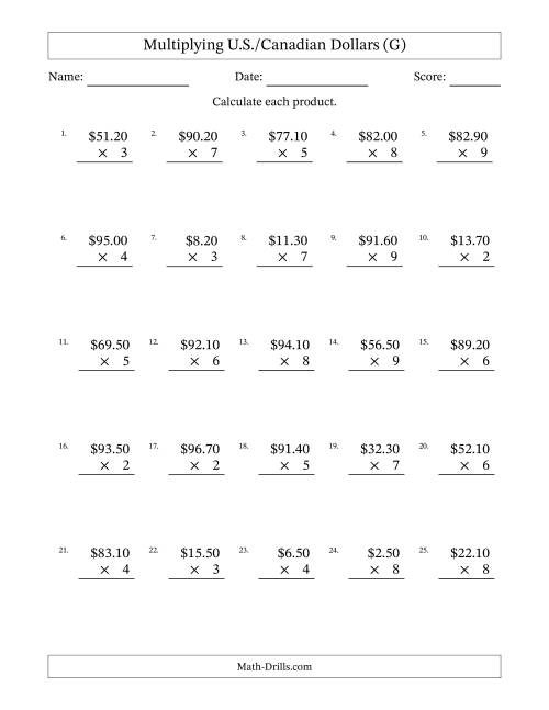 The Mulitplying U.S./Canadian Dollars (0.10 to 99.90) in Increments of Ten Cents by One-Digit Multipliers (G) Math Worksheet