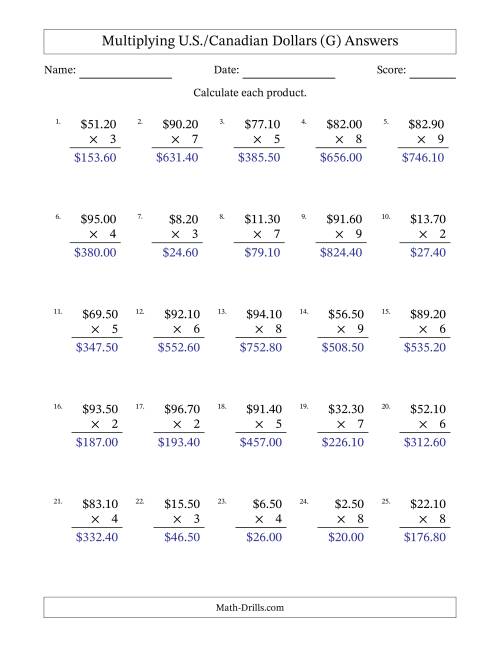 The Mulitplying U.S./Canadian Dollars (0.10 to 99.90) in Increments of Ten Cents by One-Digit Multipliers (G) Math Worksheet Page 2