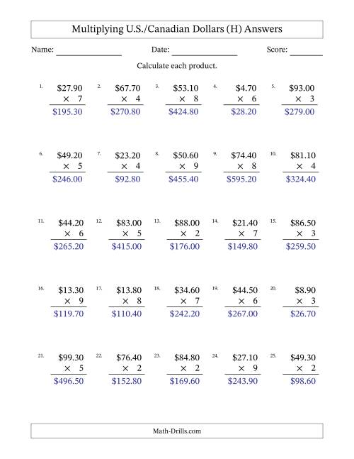 The Mulitplying U.S./Canadian Dollars (0.10 to 99.90) in Increments of Ten Cents by One-Digit Multipliers (H) Math Worksheet Page 2