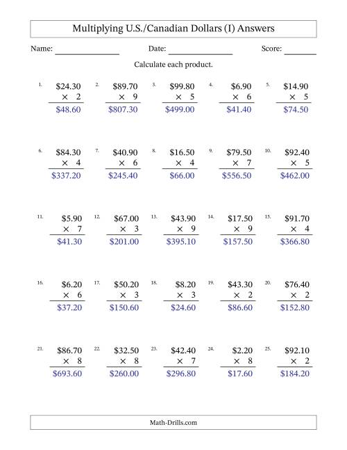 The Mulitplying U.S./Canadian Dollars (0.10 to 99.90) in Increments of Ten Cents by One-Digit Multipliers (I) Math Worksheet Page 2