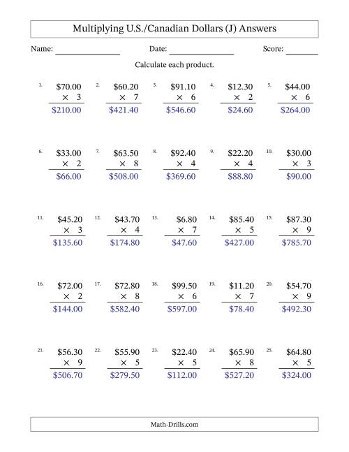 The Mulitplying U.S./Canadian Dollars (0.10 to 99.90) in Increments of Ten Cents by One-Digit Multipliers (J) Math Worksheet Page 2