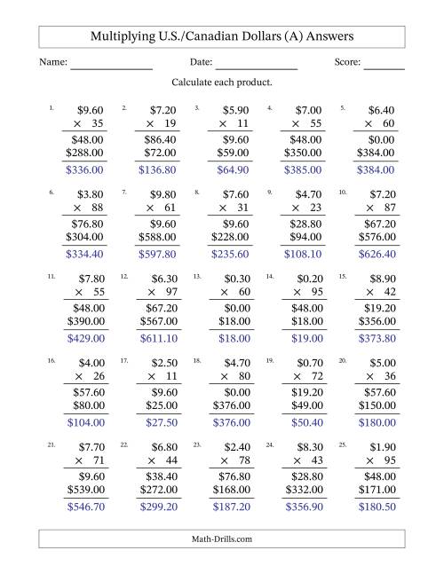 The Mulitplying U.S./Canadian Dollars (0.10 to 9.90) in Increments of Ten Cents by Two-Digit Multipliers (A) Math Worksheet Page 2