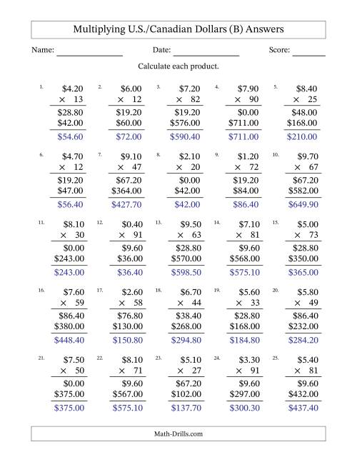 The Mulitplying U.S./Canadian Dollars (0.10 to 9.90) in Increments of Ten Cents by Two-Digit Multipliers (B) Math Worksheet Page 2