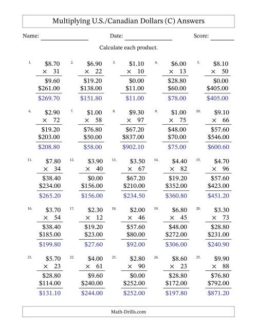 The Mulitplying U.S./Canadian Dollars (0.10 to 9.90) in Increments of Ten Cents by Two-Digit Multipliers (C) Math Worksheet Page 2