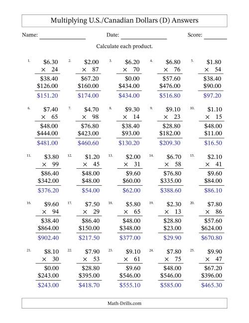 The Mulitplying U.S./Canadian Dollars (0.10 to 9.90) in Increments of Ten Cents by Two-Digit Multipliers (D) Math Worksheet Page 2