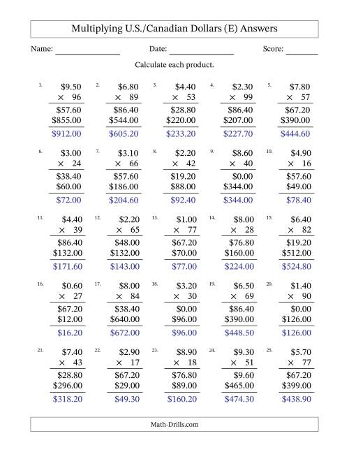 The Mulitplying U.S./Canadian Dollars (0.10 to 9.90) in Increments of Ten Cents by Two-Digit Multipliers (E) Math Worksheet Page 2