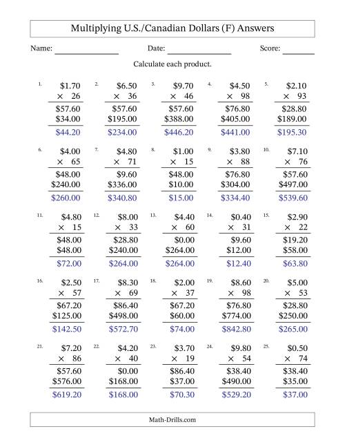 The Mulitplying U.S./Canadian Dollars (0.10 to 9.90) in Increments of Ten Cents by Two-Digit Multipliers (F) Math Worksheet Page 2