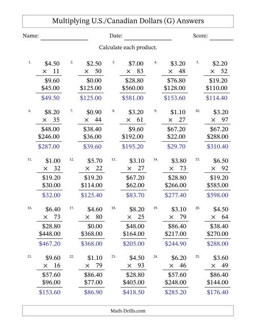 The Mulitplying U.S./Canadian Dollars (0.10 to 9.90) in Increments of Ten Cents by Two-Digit Multipliers (G) Math Worksheet Page 2