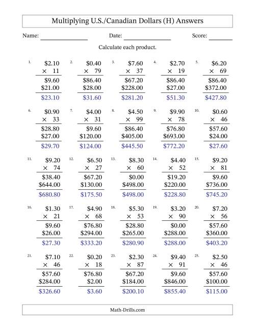 The Mulitplying U.S./Canadian Dollars (0.10 to 9.90) in Increments of Ten Cents by Two-Digit Multipliers (H) Math Worksheet Page 2