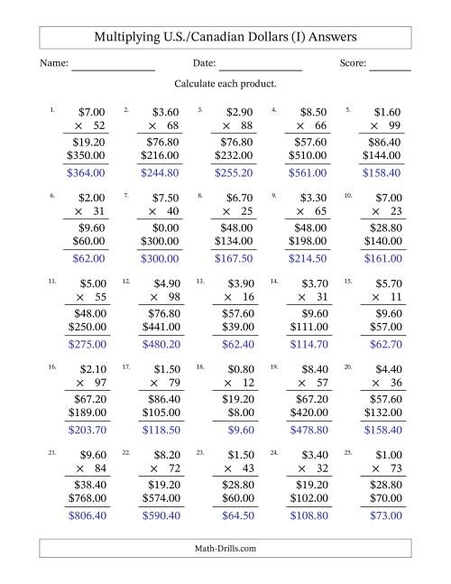 The Mulitplying U.S./Canadian Dollars (0.10 to 9.90) in Increments of Ten Cents by Two-Digit Multipliers (I) Math Worksheet Page 2