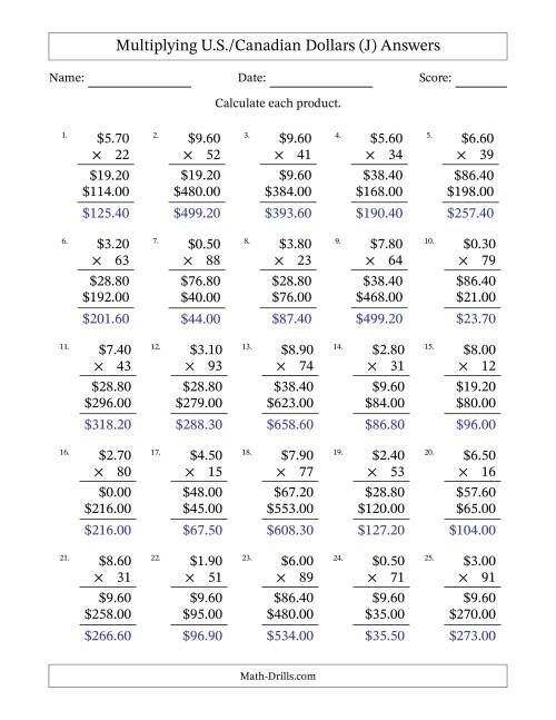 The Mulitplying U.S./Canadian Dollars (0.10 to 9.90) in Increments of Ten Cents by Two-Digit Multipliers (J) Math Worksheet Page 2