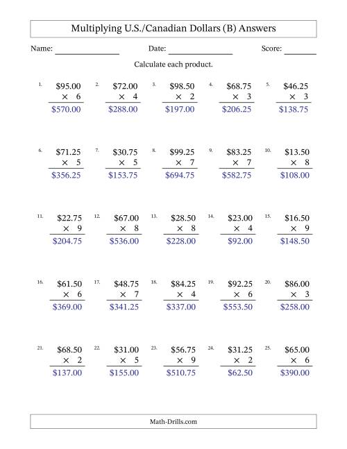 The Mulitplying U.S./Canadian Dollars (0.25 to 99.75) in Increments of Twenty-Five Cents by One-Digit Multipliers (B) Math Worksheet Page 2