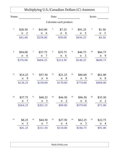 The Mulitplying U.S./Canadian Dollars (0.25 to 99.75) in Increments of Twenty-Five Cents by One-Digit Multipliers (C) Math Worksheet Page 2