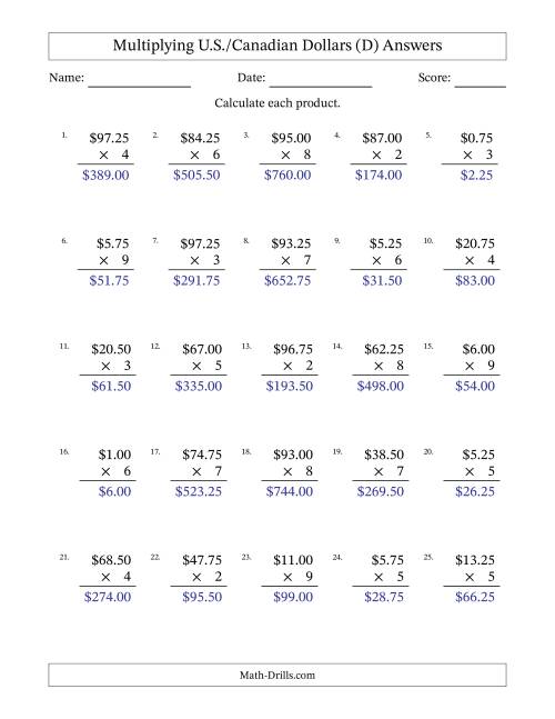 The Mulitplying U.S./Canadian Dollars (0.25 to 99.75) in Increments of Twenty-Five Cents by One-Digit Multipliers (D) Math Worksheet Page 2