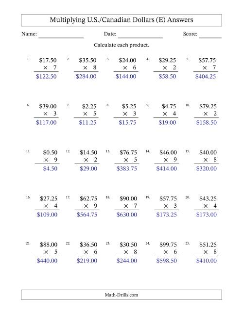 The Mulitplying U.S./Canadian Dollars (0.25 to 99.75) in Increments of Twenty-Five Cents by One-Digit Multipliers (E) Math Worksheet Page 2