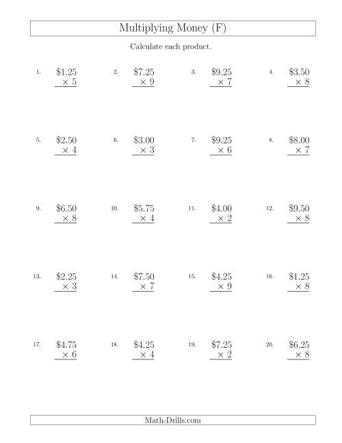 The Multiplying Dollar Amounts in Increments of 25 Cents by One-Digit Multipliers (U.S. and Canada) (F) Math Worksheet