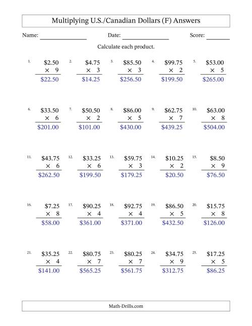 The Mulitplying U.S./Canadian Dollars (0.25 to 99.75) in Increments of Twenty-Five Cents by One-Digit Multipliers (F) Math Worksheet Page 2