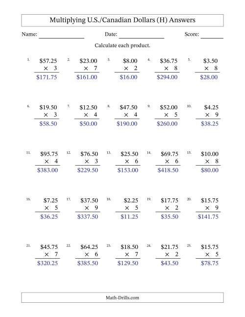 The Mulitplying U.S./Canadian Dollars (0.25 to 99.75) in Increments of Twenty-Five Cents by One-Digit Multipliers (H) Math Worksheet Page 2