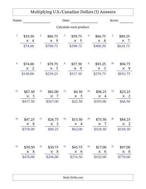 The Mulitplying U.S./Canadian Dollars (0.25 to 99.75) in Increments of Twenty-Five Cents by One-Digit Multipliers (I) Math Worksheet Page 2