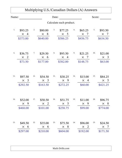 The Mulitplying U.S./Canadian Dollars (0.25 to 99.75) in Increments of Twenty-Five Cents by One-Digit Multipliers (All) Math Worksheet Page 2