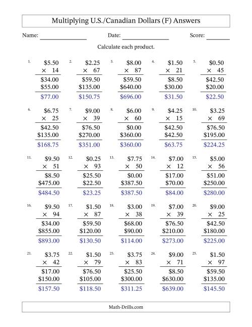 The Mulitplying U.S./Canadian Dollars (0.25 to 9.75) in Increments of Twenty-Five Cents by Two-Digit Multipliers (F) Math Worksheet Page 2