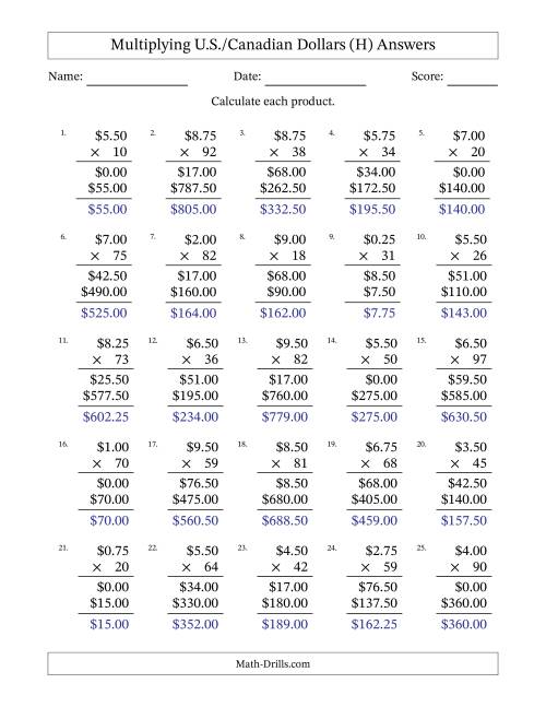 The Mulitplying U.S./Canadian Dollars (0.25 to 9.75) in Increments of Twenty-Five Cents by Two-Digit Multipliers (H) Math Worksheet Page 2