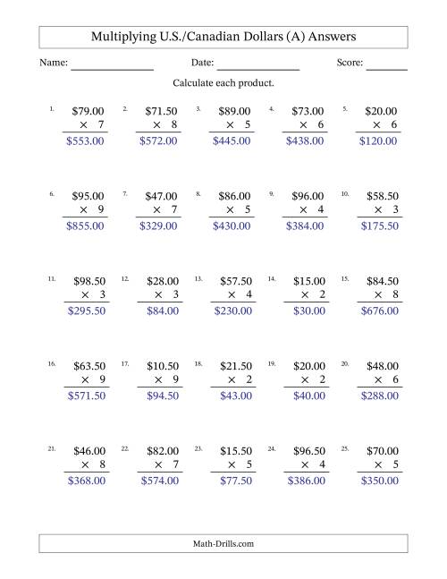 The Mulitplying U.S./Canadian Dollars (0.50 to 99.50) in Increments of Fifty Cents by One-Digit Multipliers (A) Math Worksheet Page 2