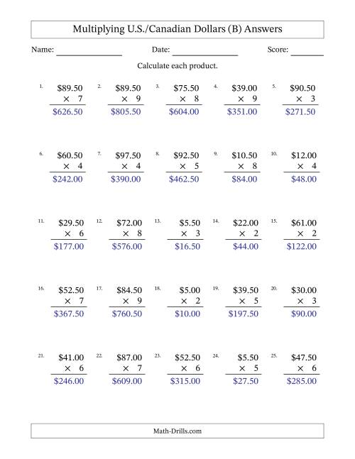 The Mulitplying U.S./Canadian Dollars (0.50 to 99.50) in Increments of Fifty Cents by One-Digit Multipliers (B) Math Worksheet Page 2