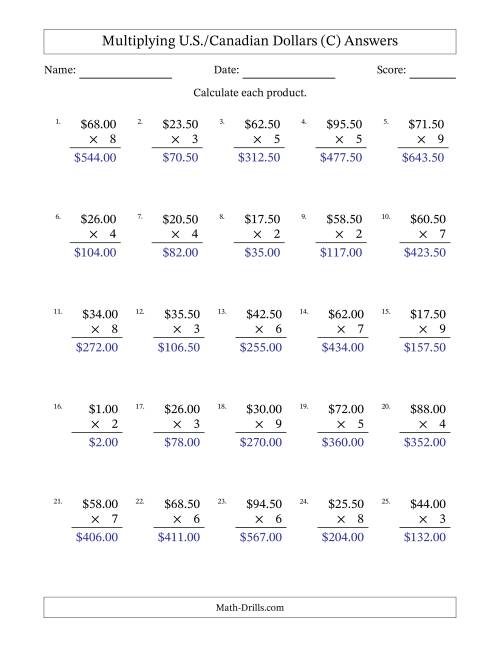 The Mulitplying U.S./Canadian Dollars (0.50 to 99.50) in Increments of Fifty Cents by One-Digit Multipliers (C) Math Worksheet Page 2